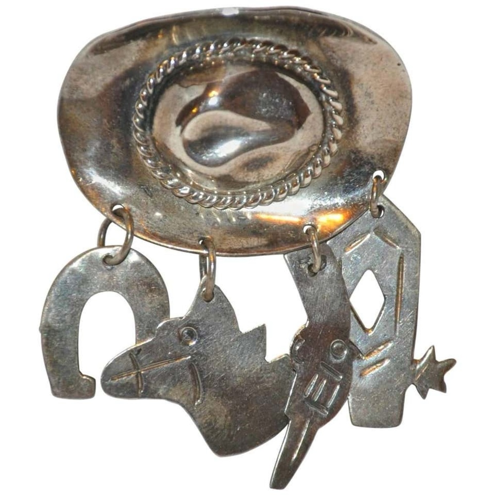 Silver "Cowboy Hat" with Accessories Brooch Pin 1960’s